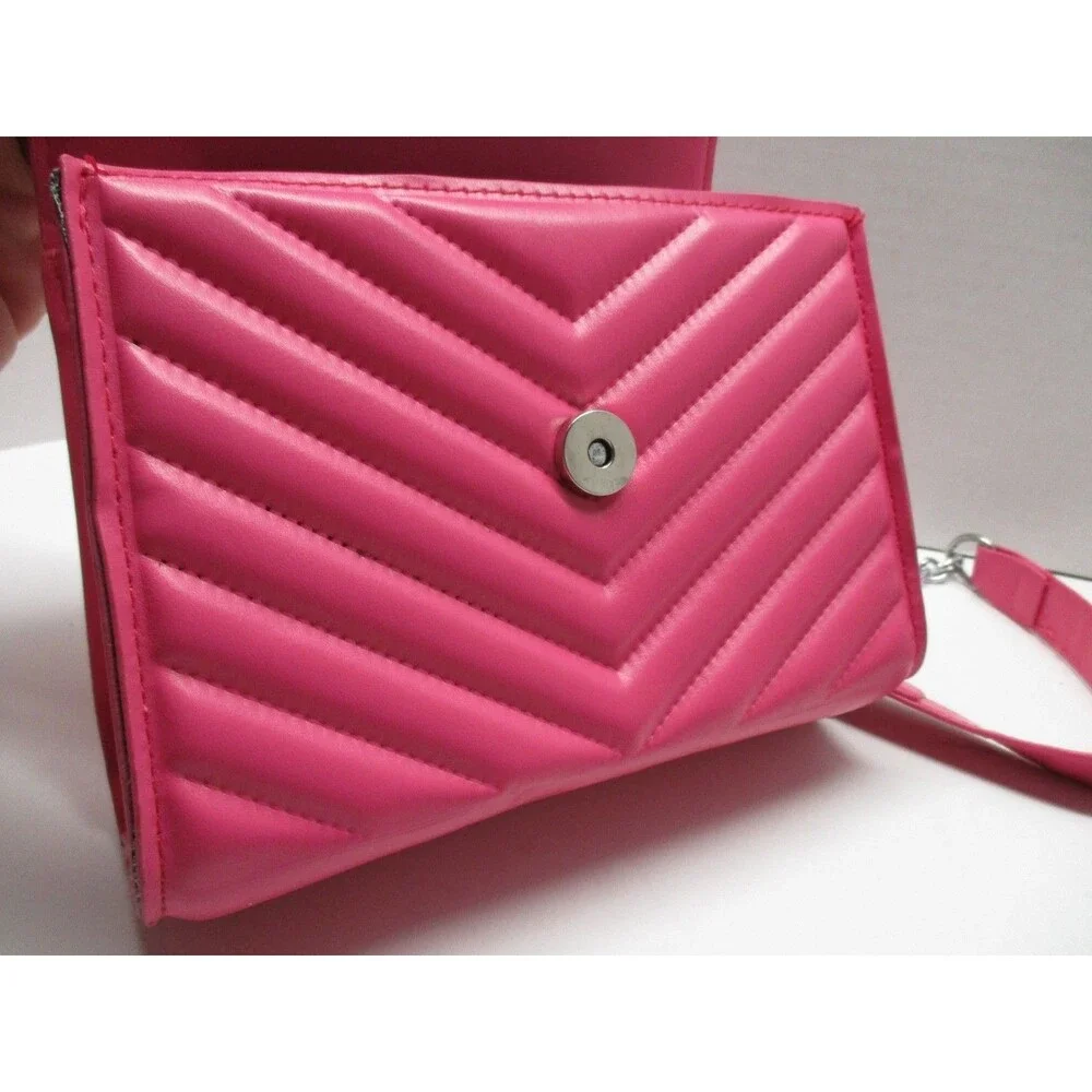 Women's Quilted Hot Pink Leather Handbag Silver Chain Shoulder Bag Magnet Close